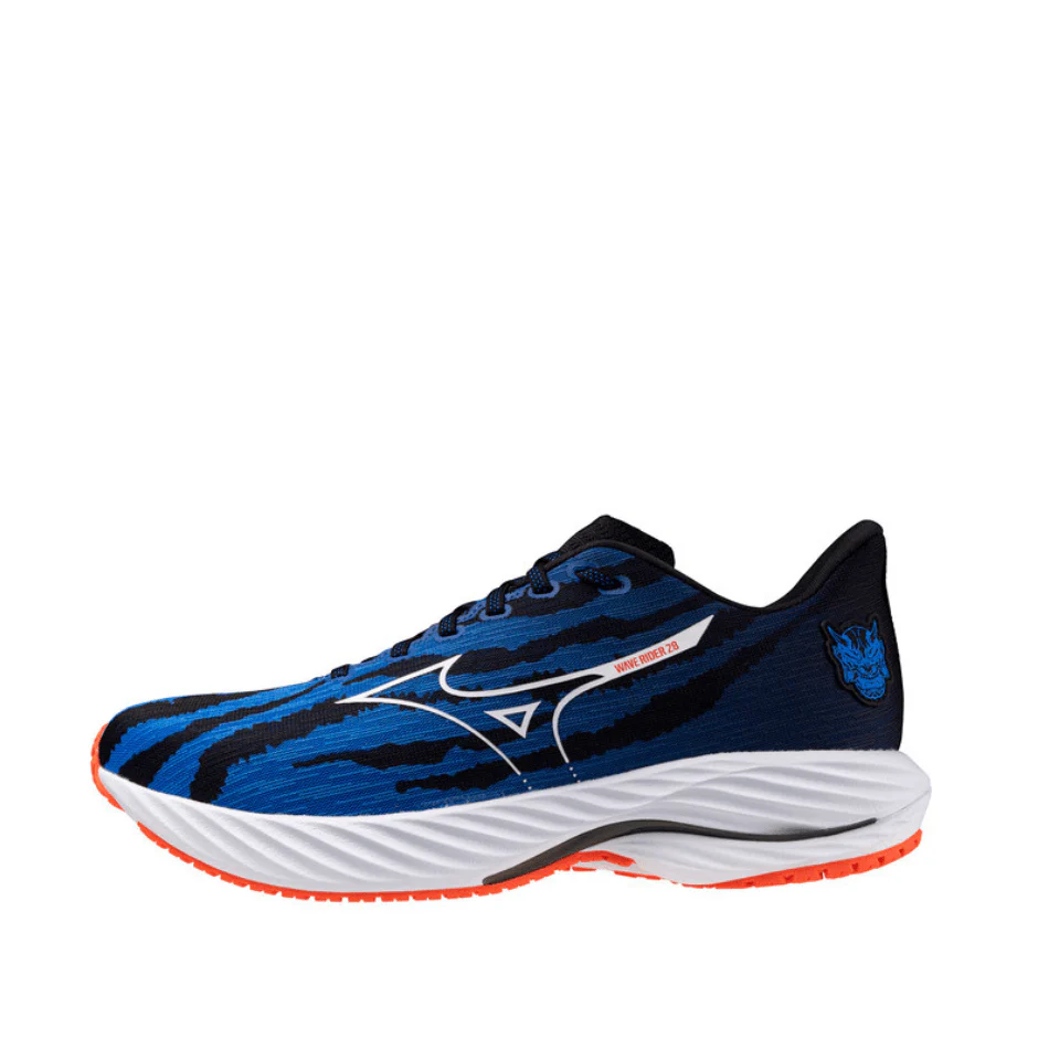 Mizuno Unisex Wave Rider 28 Running Shoes in Oni Demon Mizuno Ignition Red/White/Baseball Blue SS25 - Image 3